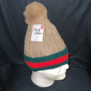 NWT Light Brown Knitted Faux Fur Lined red & green stripe beanie with Pom Pom